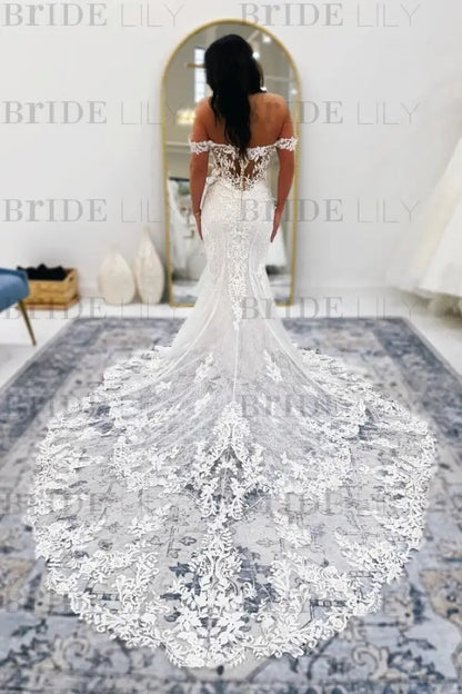 Off-the-Shoulder Sweetheart Ivory Lace Wedding Dress Mermaid Bridal Gown