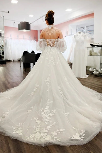 Romantic Off-the-Shoulder Tulle A-Line Wedding Dress High Neck Long Sleeves with Tassels