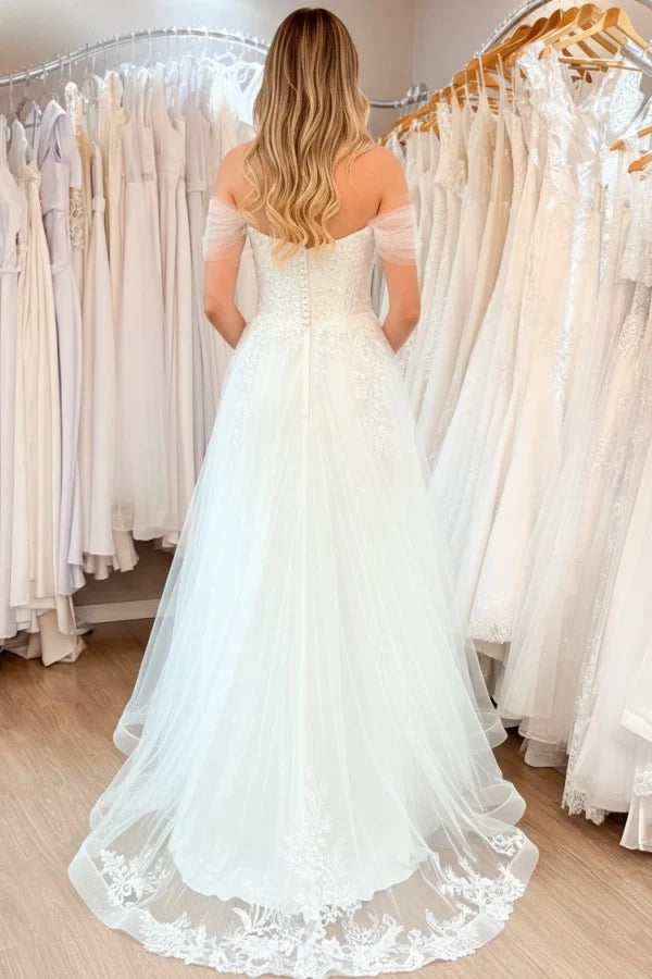 Off-the-Shoulder Tulle Wedding Dress Lace with Appliques