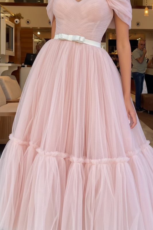 Off-The-Shoulder Tulle Prom Gown Tea Length Sweetheart Blush Pink Evening Dresswith Belts