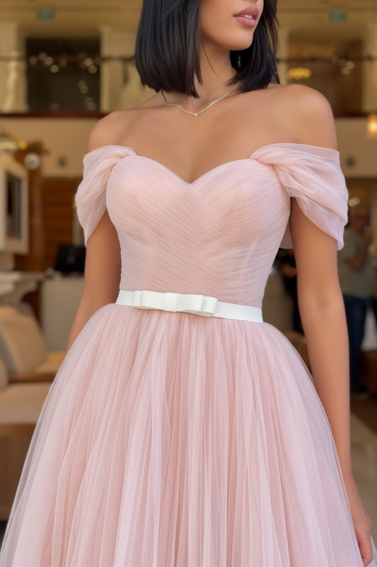Off-The-Shoulder Tulle Prom Gown Tea Length Sweetheart Blush Pink Evening Dresswith Belts