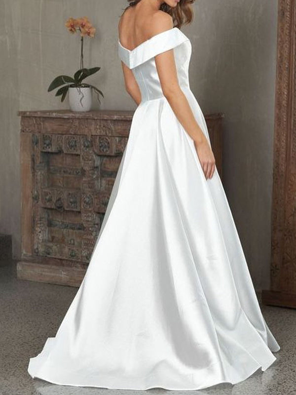 Off the Shoulder V Neck White Satin Long Prom, V Neck Off Shoulder White Formal Evening