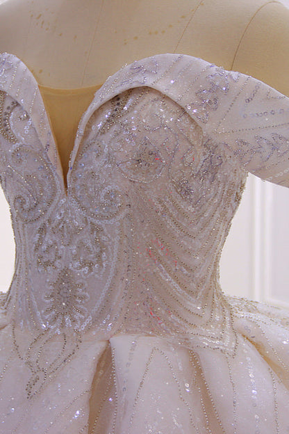 Off-the-Shoulder Wedding Dress with Ruffles, Sequins & Beading