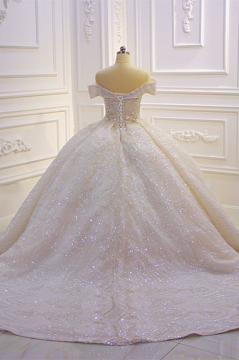 Off-the-Shoulder Wedding Dress with Ruffles, Sequins & Beading