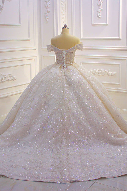 Off-the-Shoulder Wedding Dress with Ruffles, Sequins & Beading