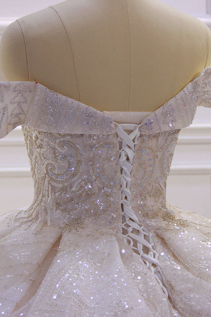 Off-the-Shoulder Wedding Dress with Ruffles, Sequins & Beading