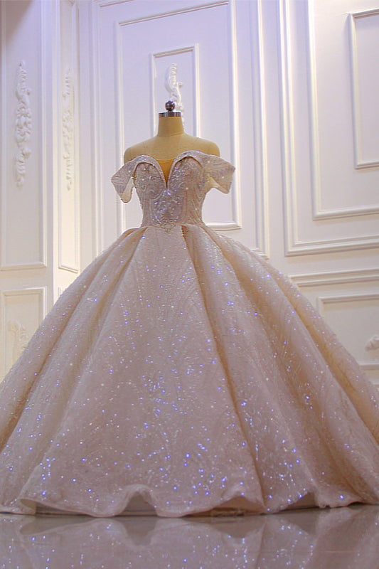 Off-the-Shoulder Wedding Dress with Ruffles, Sequins & Beading