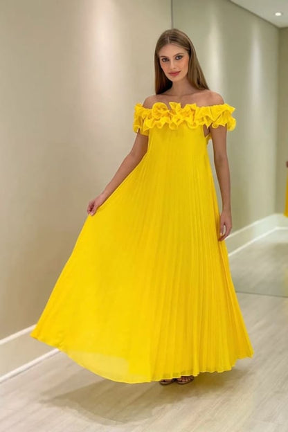 Off-the-Shoulder Yellow Ruffle Chiffon Mother of the Bride Dress