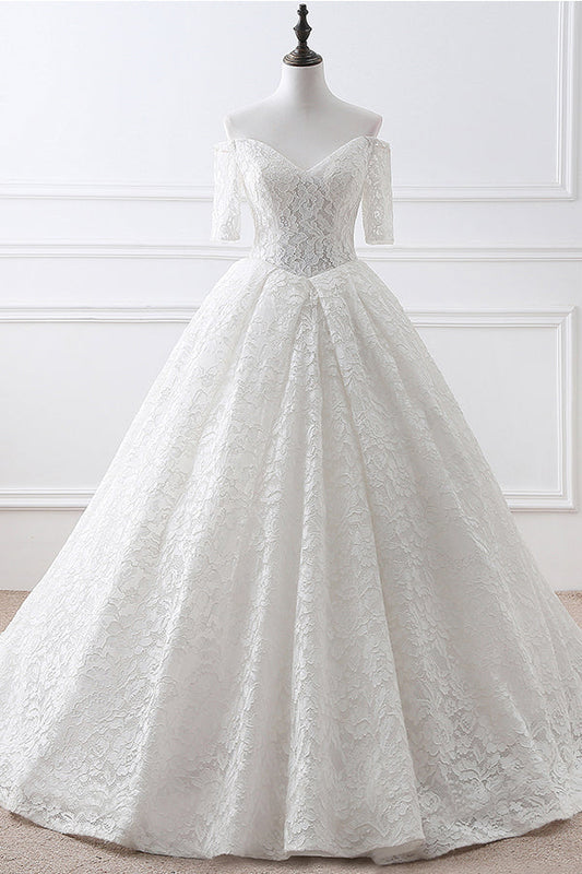 Long Lace-Up Back A-line White Wedding Dress with Sleeves