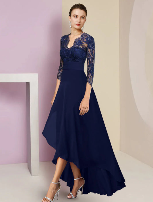 Aimishang A-Line Mother of the Bride Dress Formal Wedding Guest Elegant High Low V Neck Asymmetrical Tea Length Chiffon Lace 3/4 Length Sleeve with Ruched