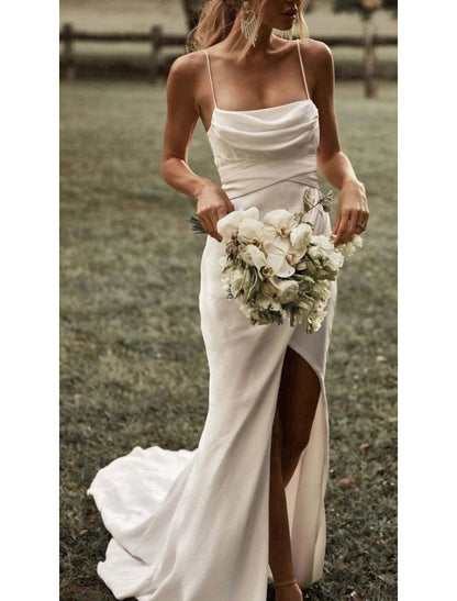 Aimishang Beach Simple Simple Wedding Dresses Sheath / Column Square Camisole Spaghetti Strap Sweep / Brush Train Stretch Fabric Bridal Gowns With Ruched Split Front