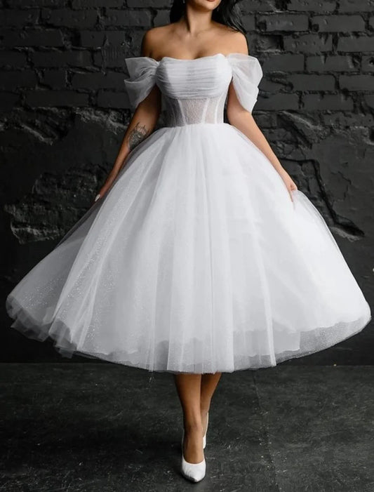 Aimishang Bridal Shower Simple Wedding Dresses Wedding Dresses A-Line Scoop Neck Sleeveless Tea Length Satin Bridal Gowns With Solid Color
