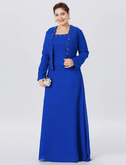 Aimishang A-Line Mother of the Bride Dress Formal Classic & Timeless Elegant & Luxurious Plus Size Straps Floor Length Chiffon Lace Long Sleeve Wrap Included with Pearls Crystals