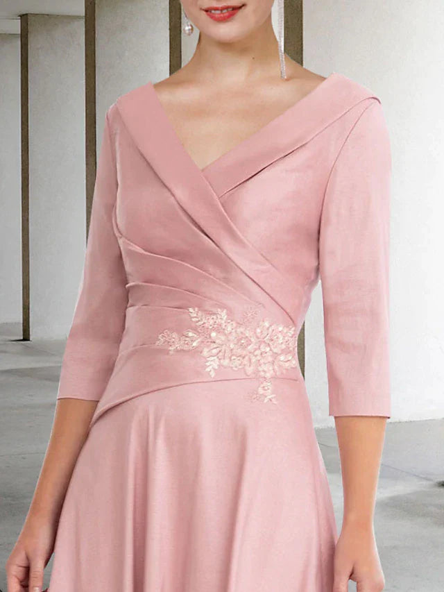 A-Line Mother of the Bride Dress Vintage Elegant V Neck Tea Length Satin Lace Half Sleeve with Appliques Side-Draped