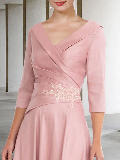 A-Line Mother of the Bride Dress Vintage Elegant V Neck Tea Length Satin Lace Half Sleeve with Appliques Side-Draped
