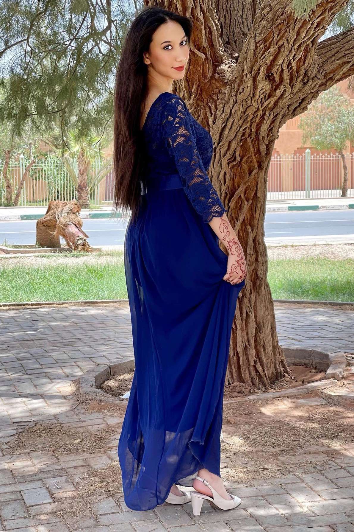 Blue Round Neck Half Sleeve Long Bridesmaid Dress
