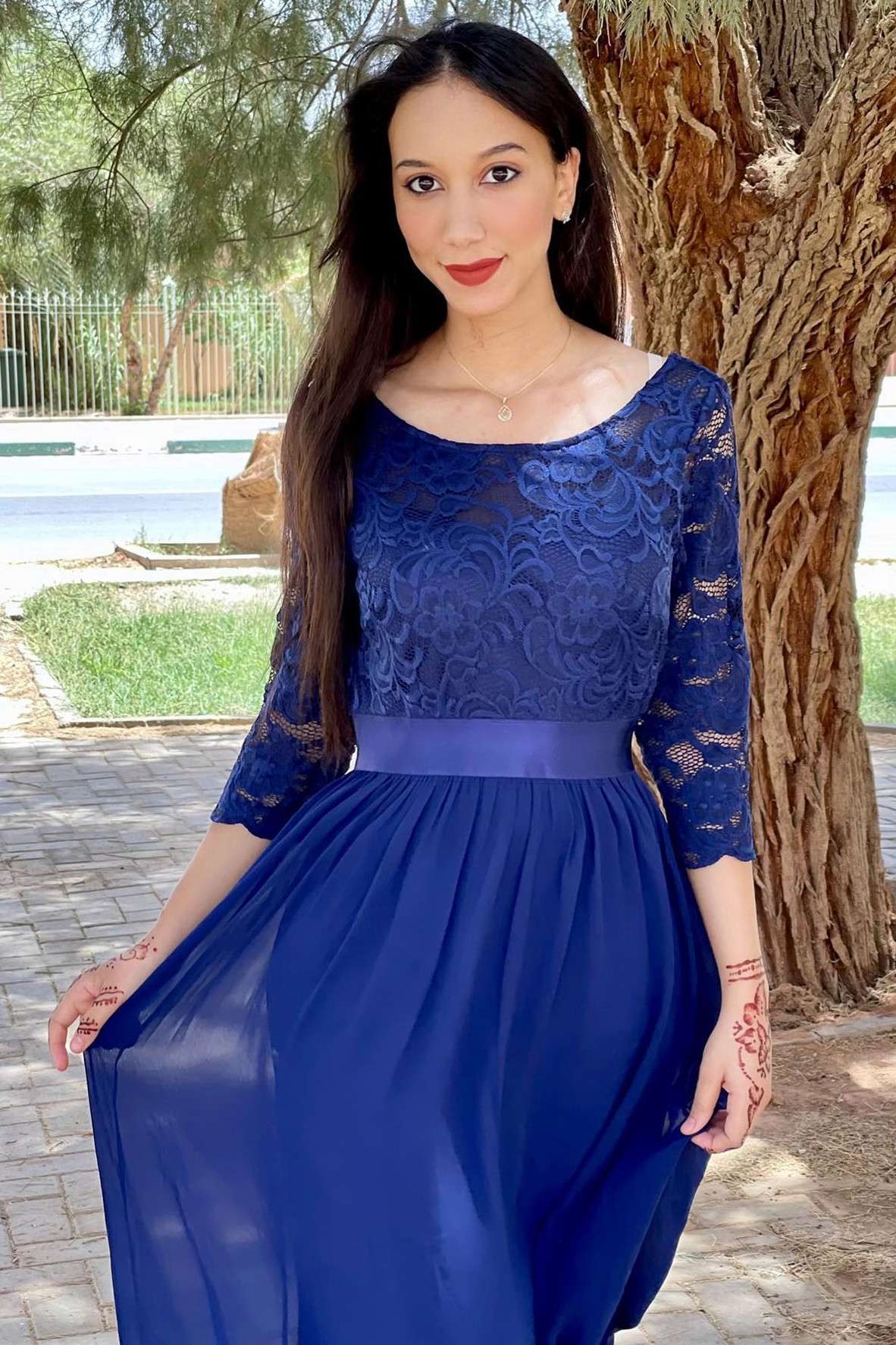 Blue Round Neck Half Sleeve Long Bridesmaid Dress