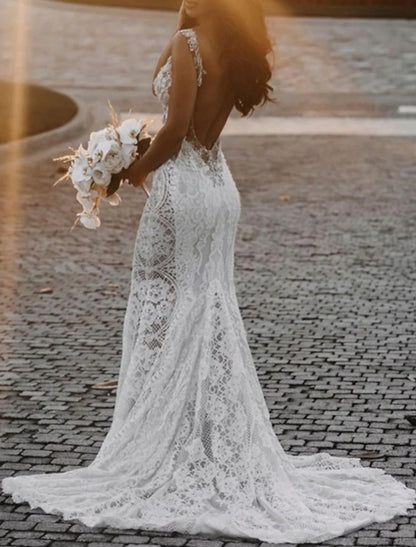 Aimishang Beach Open Back Sexy Boho Wedding Dresses Mermaid / Trumpet V Neck Sleeveless Court Train Lace Bridal Gowns With Appliques