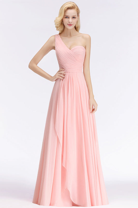 One Shoulder A-line Ruched Chiffon Bridesmaid Dress Sleeveless Wedding Guest Dress