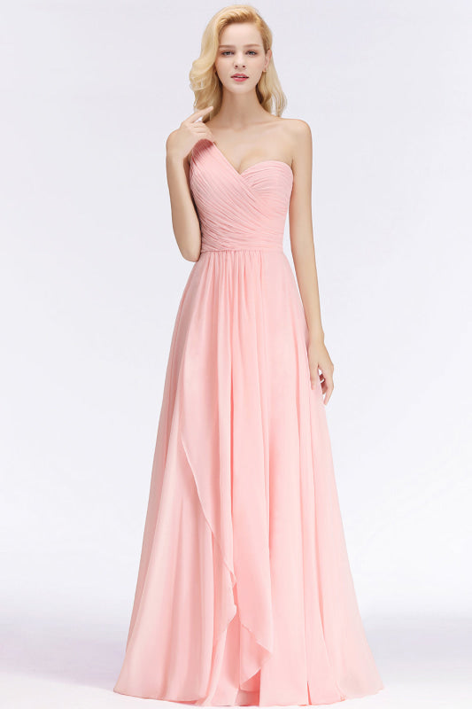One Shoulder A-line Ruched Chiffon Bridesmaid Dress Sleeveless Wedding Guest Dress