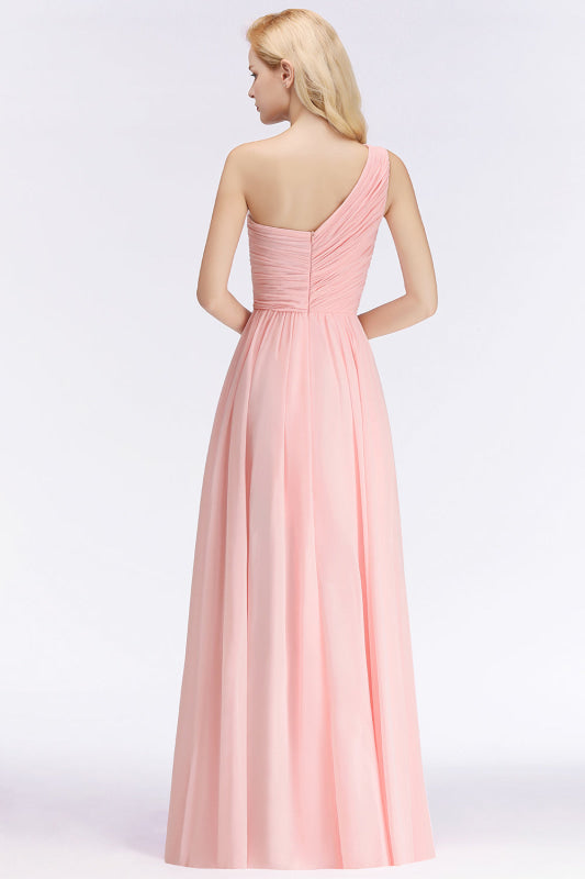 One Shoulder A-line Ruched Chiffon Bridesmaid Dress Sleeveless Wedding Guest Dress