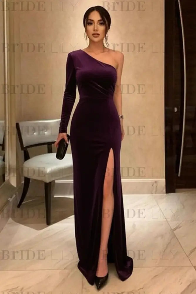 One Shoulder Black Long Prom with High Slit Black Velvet Formal Evening Dress