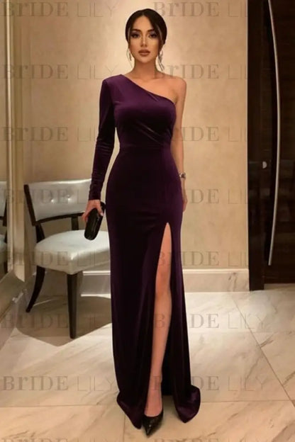 One Shoulder Black Long Prom with High Slit Black Velvet Formal Evening Dress