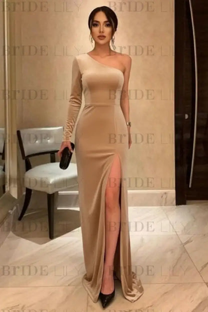 One Shoulder Black Long Prom with High Slit Black Velvet Formal Evening Dress