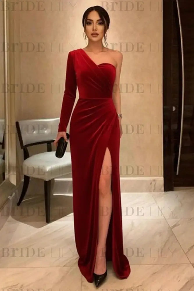 One Shoulder Black Long Prom with High Slit Black Velvet Formal Evening Dress