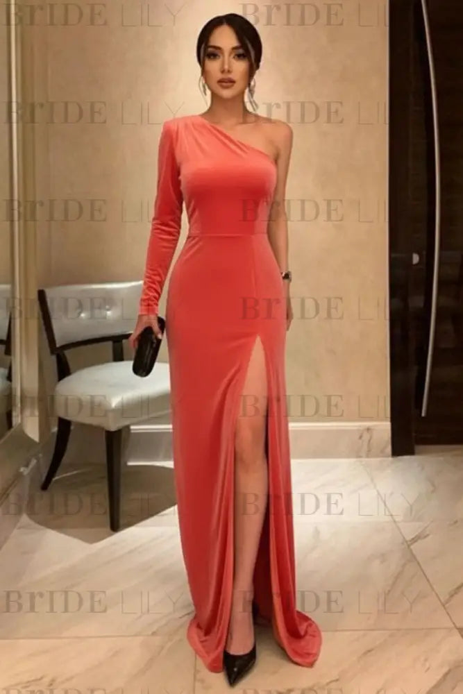 One Shoulder Black Long Prom with High Slit Black Velvet Formal Evening Dress