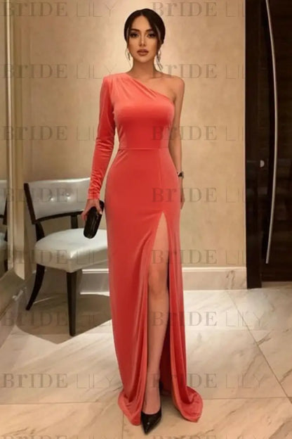 One Shoulder Black Long Prom with High Slit Black Velvet Formal Evening Dress