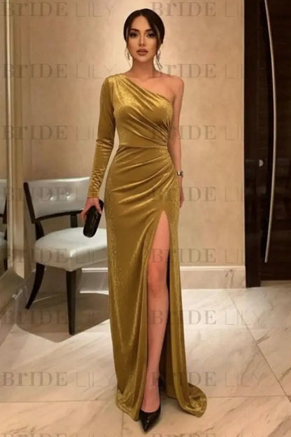 One Shoulder Black Long Prom with High Slit Black Velvet Formal Evening Dress