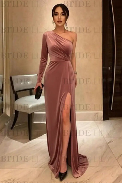 One Shoulder Black Long Prom with High Slit Black Velvet Formal Evening Dress