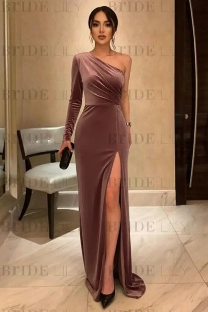 One Shoulder Black Long Prom with High Slit Black Velvet Formal Evening Dress