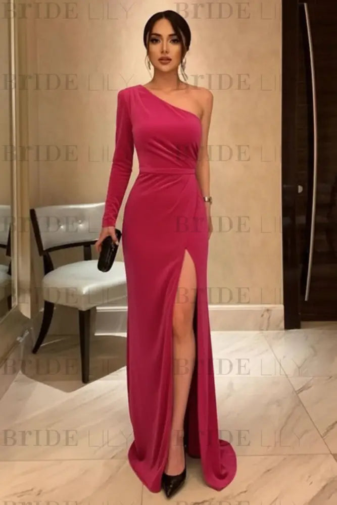One Shoulder Black Long Prom with High Slit Black Velvet Formal Evening Dress
