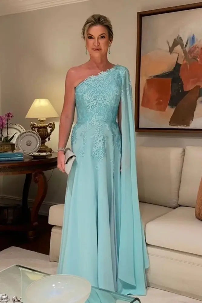 One Shoulder Chiffon Lace Aline Wedding Guest Dress with Cape