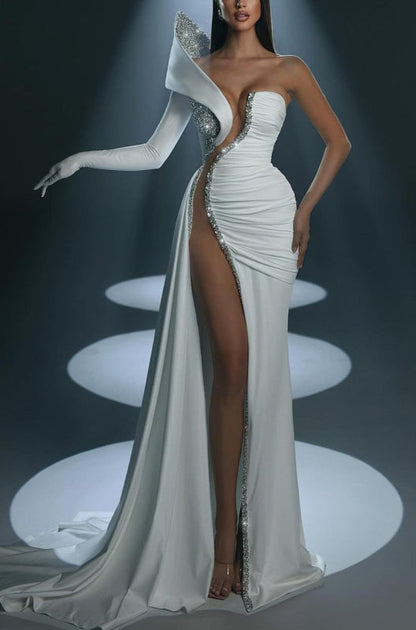Dramatic One-Shoulder Mermaid Evening Dress Long with High Slit