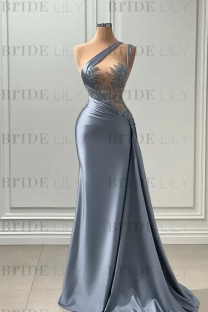 One Shoulder Purple Mermaid Prom Dress with Pleated Beading