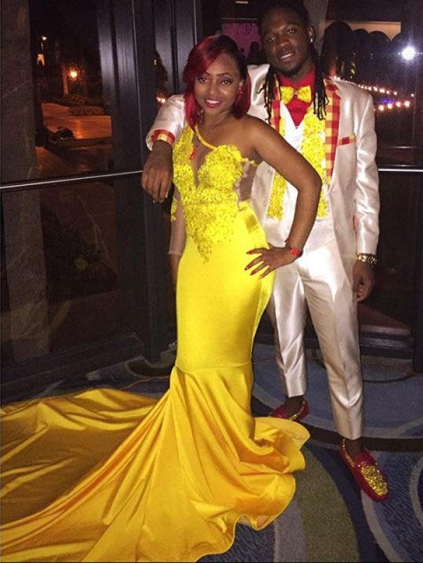 One Shoulder Goldenrod Mermaid Prom Gown with Appliques