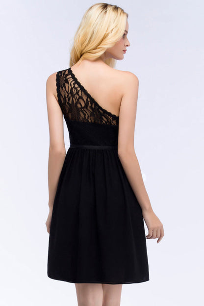 One Shoulder Lace Chiffon Knee-Length Black Formal Dress