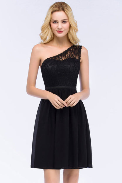 One Shoulder Lace Chiffon Knee-Length Black Formal Dress