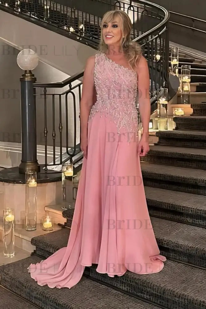 One-Shoulder Long A-Line Chiffon Lace Evening Dresses with Beads