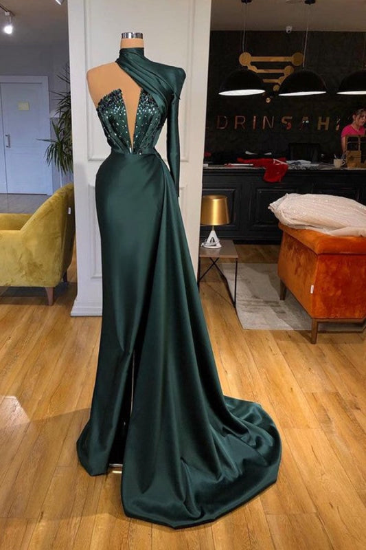 One Shoulder Long Prom Dress Dark Green High Neck Satin Evening Dress