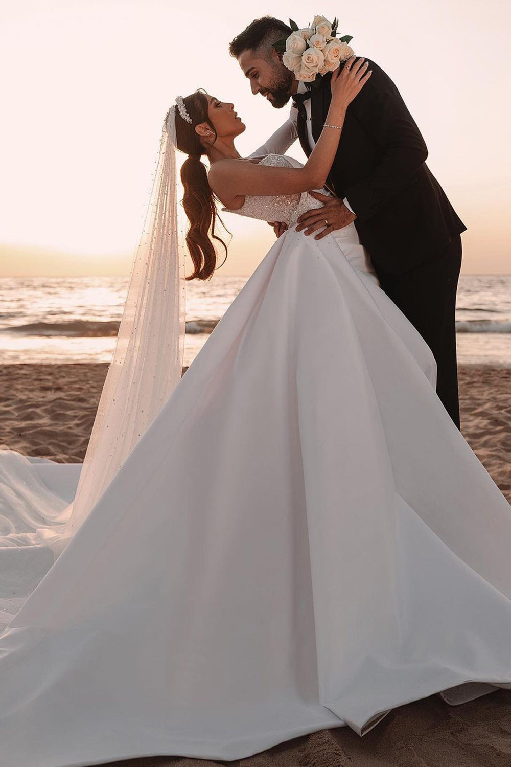 One Shoulder Long Sleeves Wedding Dress With Sparkling Sequins