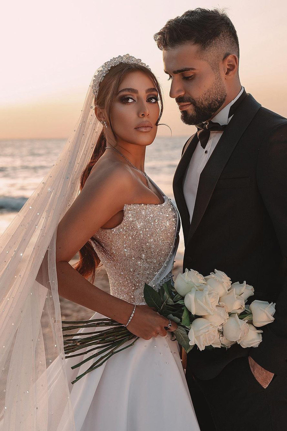 One Shoulder Long Sleeves Wedding Dress With Sparkling Sequins