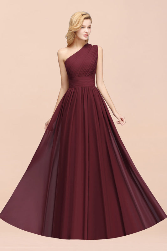 One Shoulder Pleated Chiffon A-line Bridesmaid Dress Burgundy