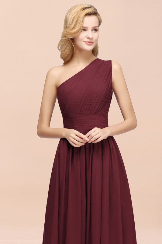 One Shoulder Pleated Chiffon A-line Bridesmaid Dress Burgundy
