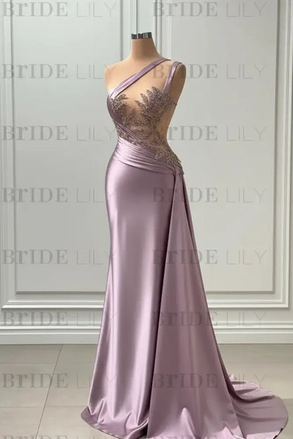 One Shoulder Purple Mermaid Prom Dress with Pleated Beading