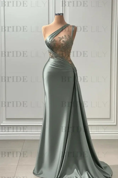 One Shoulder Purple Mermaid Prom Dress with Pleated Beading