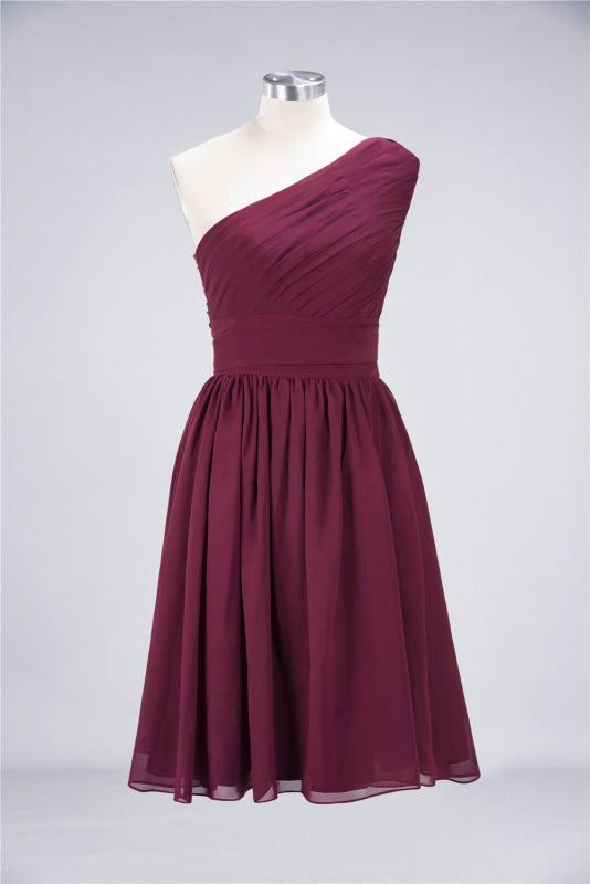 One Shoulder Ruffle Short Burgundy Bridesmaid Dresses Chiffon